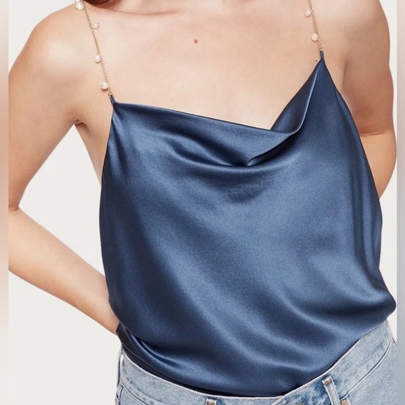 Cami NYC Tops - Cami NYC Dusty Blue Satin Camisole with Gold and Pearl Chain Straps